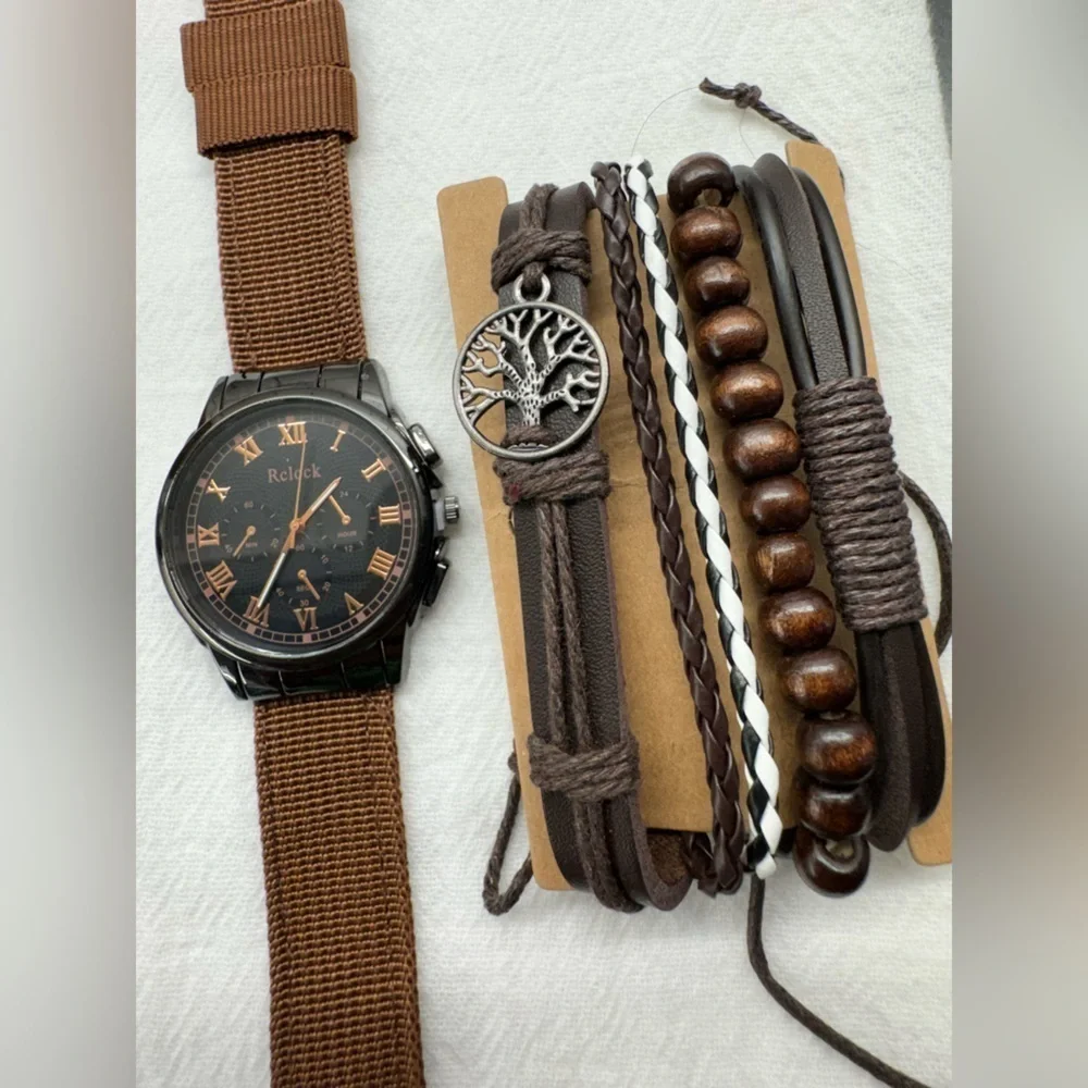 Men’s Watch Set Brown canvas band NEW